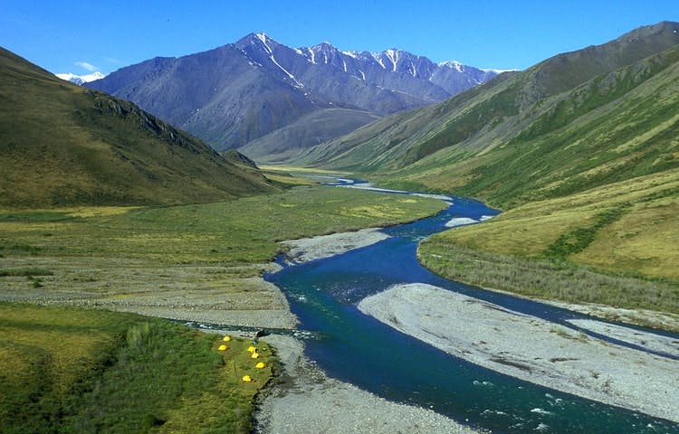 An aerial view of the Hula Hula River in the mountains of Alaska.