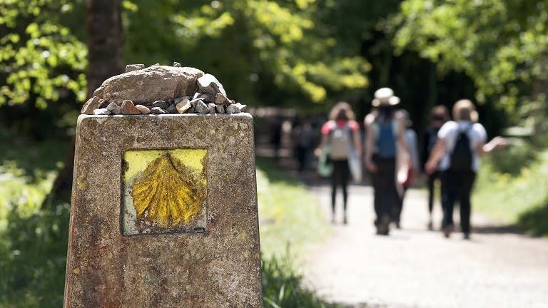 A group of people walking down a path.