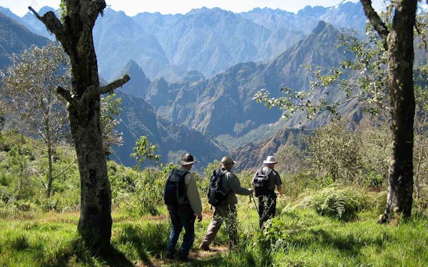 A group of hikers on a trail in the mountains.