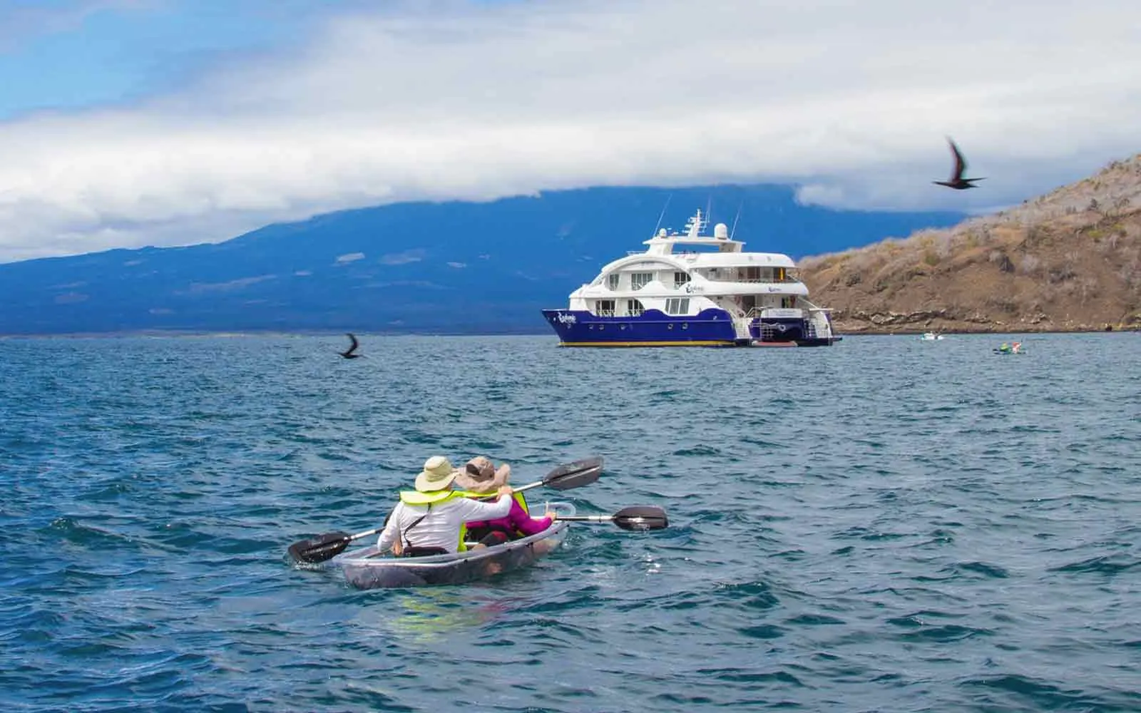 Two people paddling in a kayak with a Wildlife Safari Tours & Adventures boat in the background.