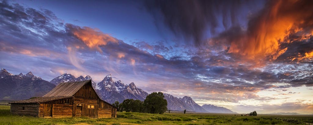 Tetons and Mormon Row panorama at sunrise File: #132008025 | Author: Andrew S.