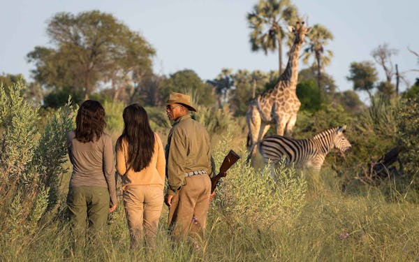 Africa Adventure Travel: Three people standing in the grass with a giraffe in the background during an unforgettable experience in Africa.