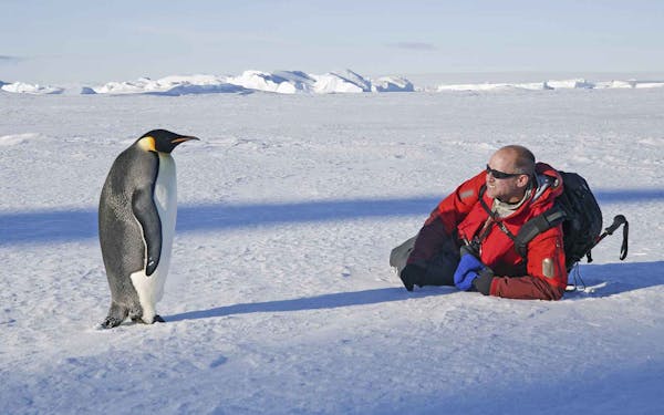 A man in a red jacket standing next to a penguin during a polar cruise.