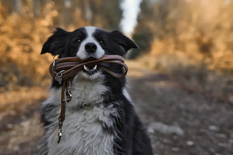 dog biting on black dog leash during walk