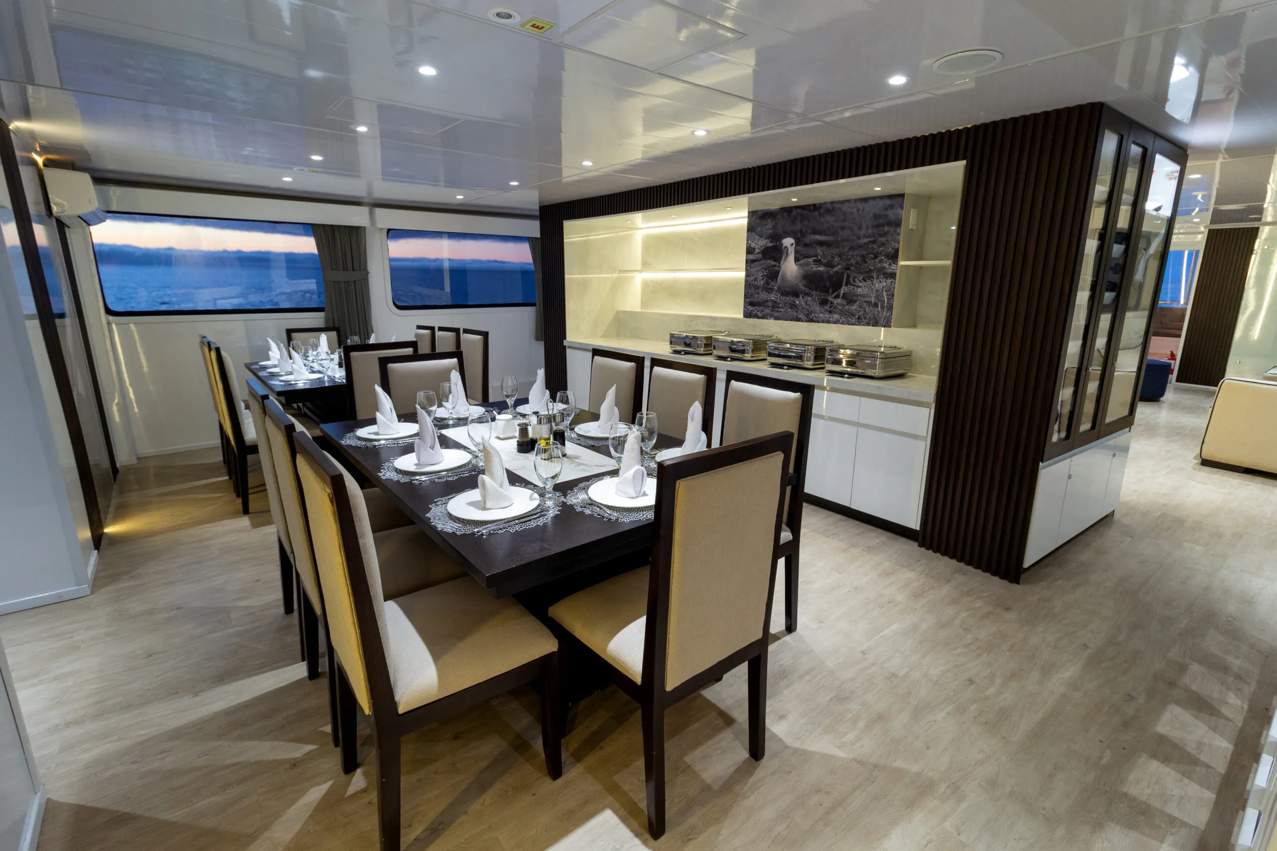 The dining room of a luxury yacht.