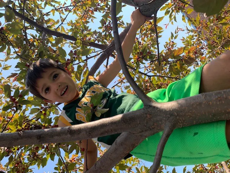 kid in green shorts looking down at the camera in a hiking trip