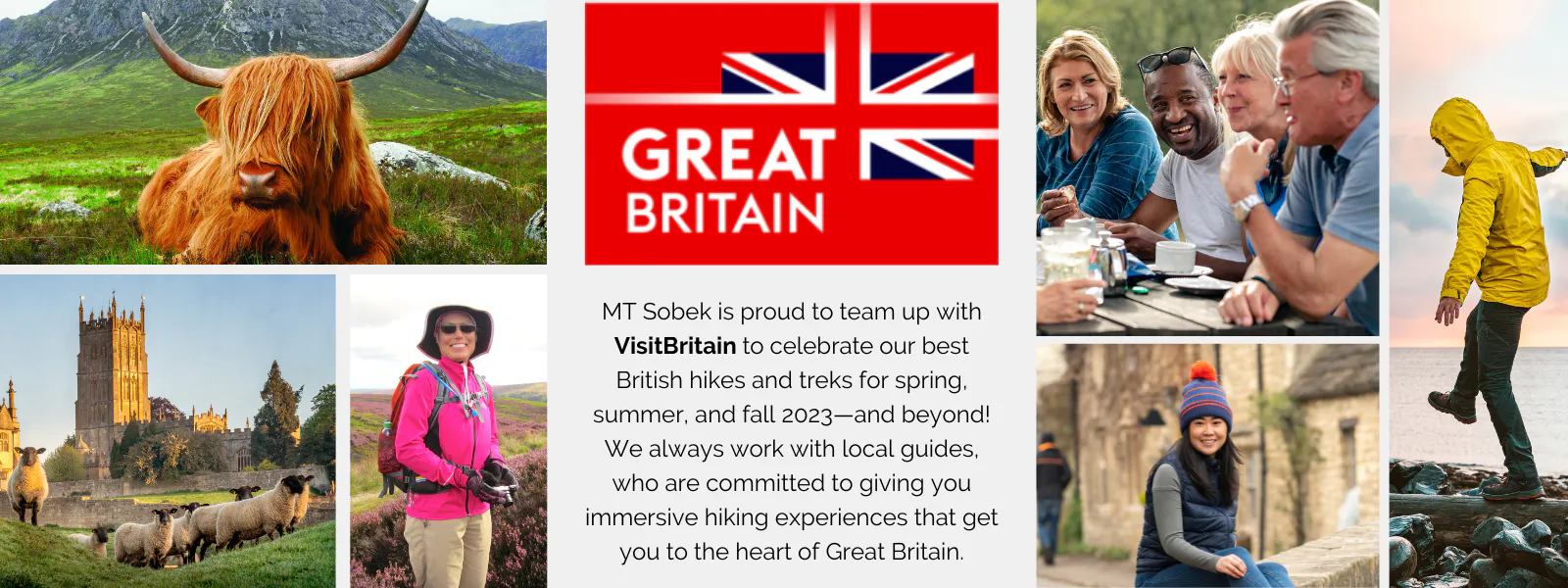Great Britain is a collage of pictures featuring people hiking in Scotland.