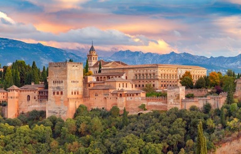 Panoramic colorful view of Granada's Alhambra palace 