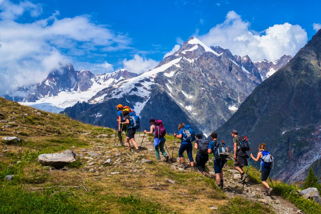 Trail hikers on the Tour du Mont Blanc in the Alps