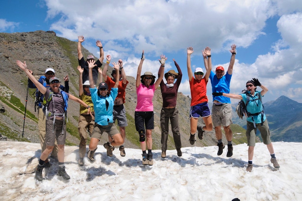 Group of trekkers excited to explore the Haute Route in the Alps in Europe