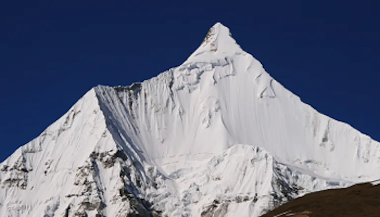View of Chomolhari, a mountain in the Himalayas located between the border of Bhutan, China, and Tibet
