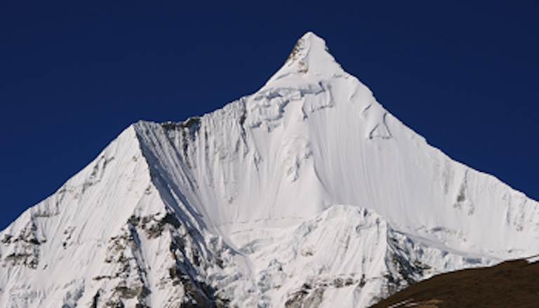View of Chomolhari, a mountain in the Himalayas located between the border of Bhutan, China, and Tibet