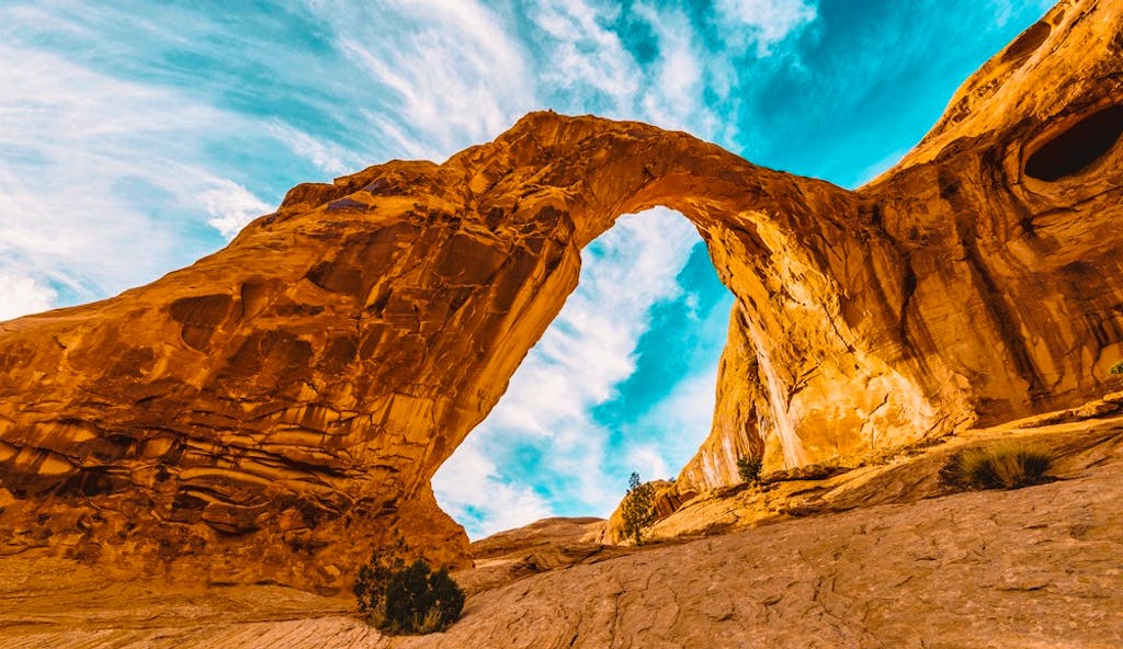 View of spectacular orange arches in Arches National Park, Utah, USA