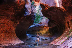Hiker wading in the Virgin River Narrows in Zion National Park, Utah