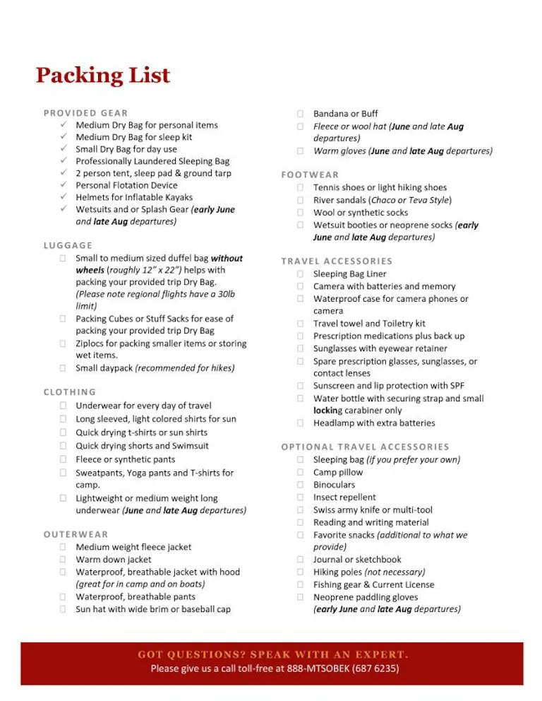 mt sobek branded packing list for a middle fork of the salmon river rafting trip