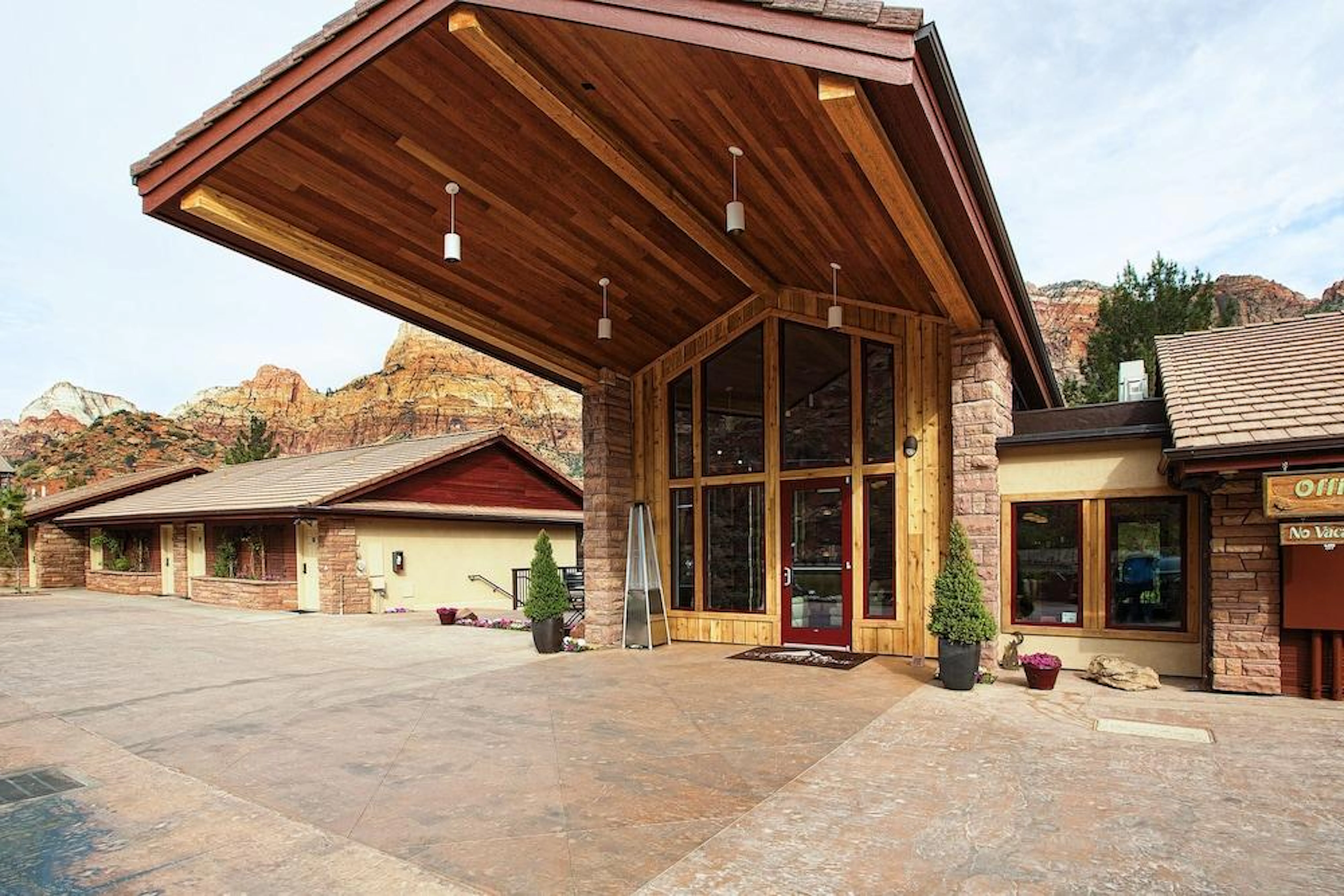 The entrance to a hotel in zion national park.