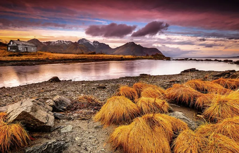nighttime after the sun sets in Lofoten Islands in Norway, Europe