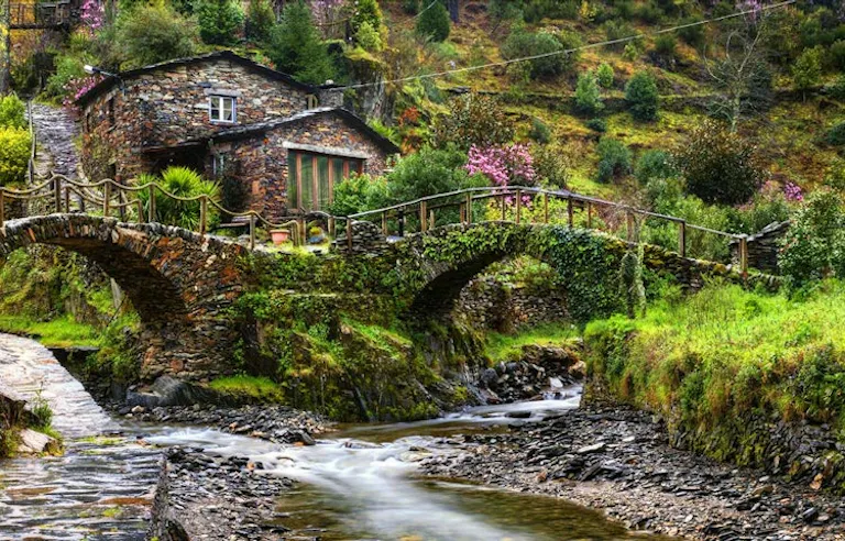 a wooden house in the middle of forests of green trees and pink flowers and flora in Europe