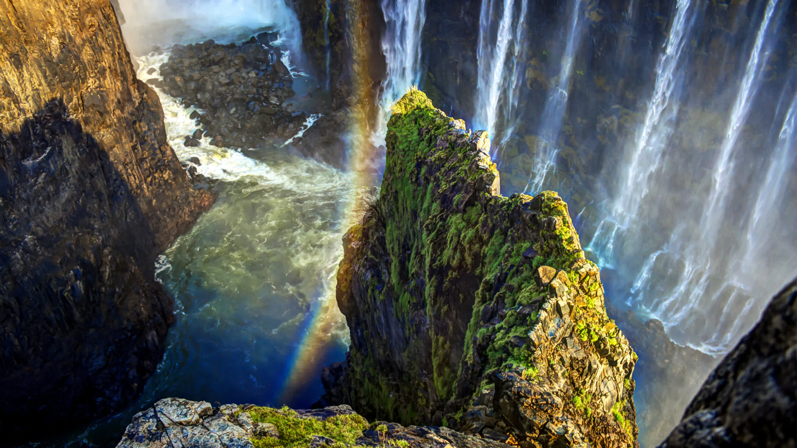 Aerial shot of Victoria Falls Waterfall located on the Zambezi River in Southern Africa