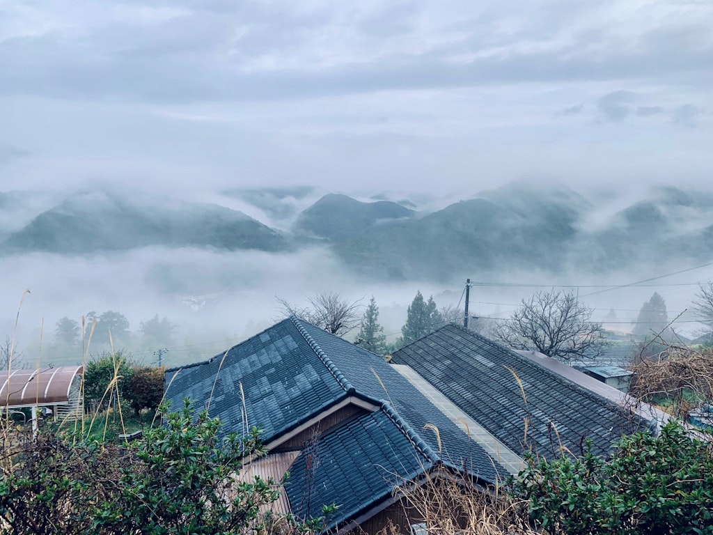 Fog leaning on mountain vistas in Takahara along the Kumano Kodo trail