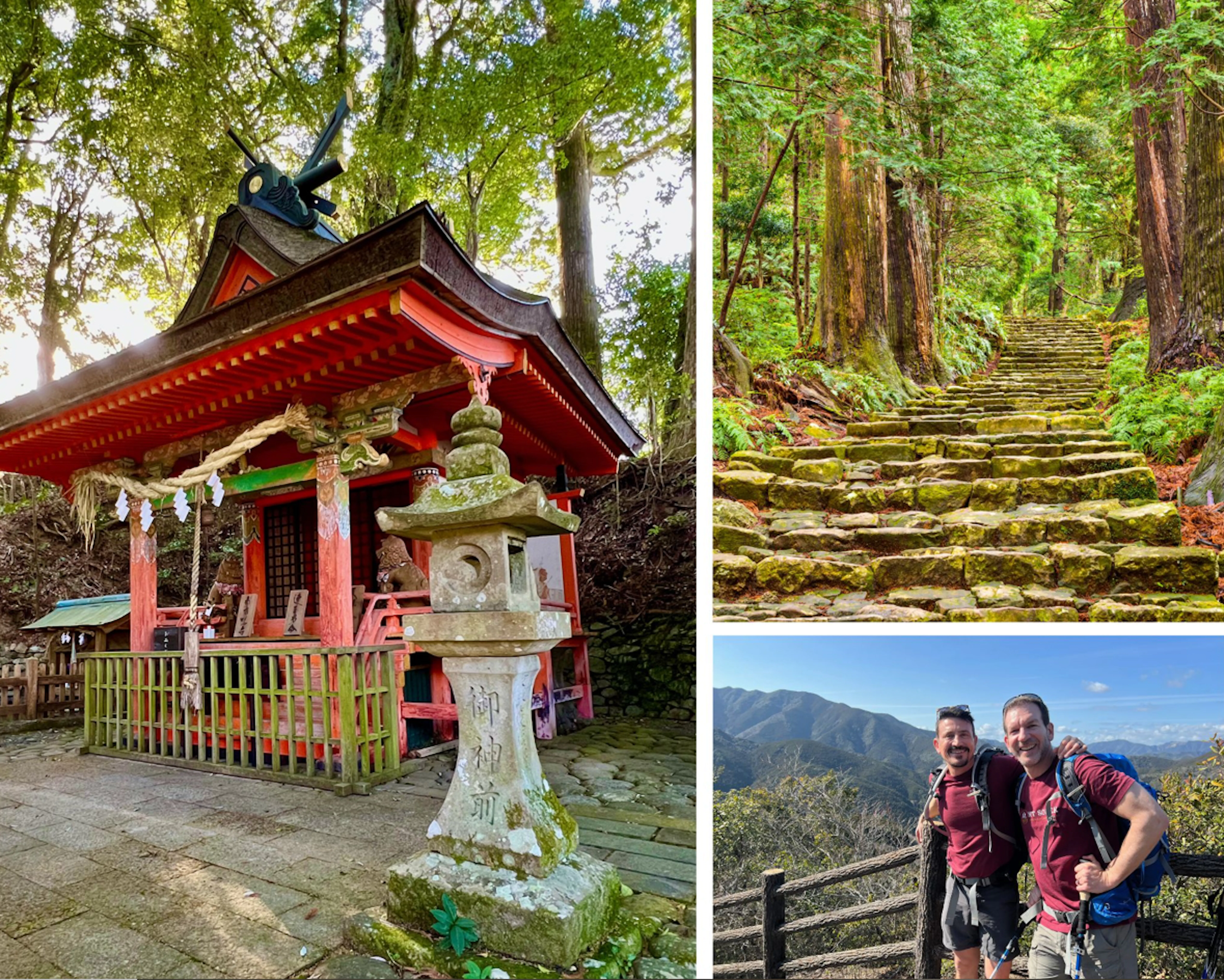 Four pictures of a shrine with people standing in front of it.
