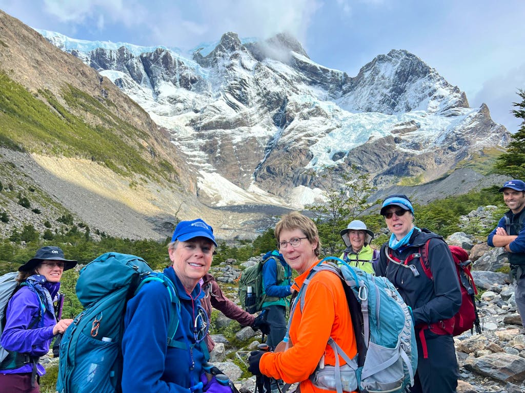 Travelers hiking on the W-Route Trek in Patagonia