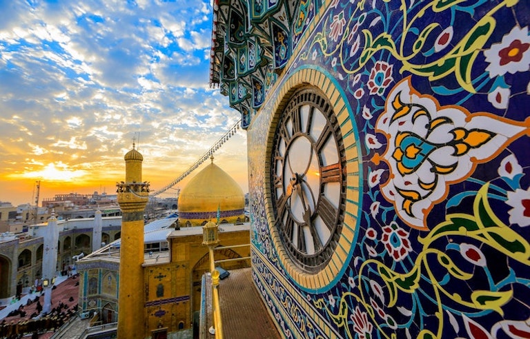 Imam shrine clock gate looking down on Iraq, or Old Mesopotamia