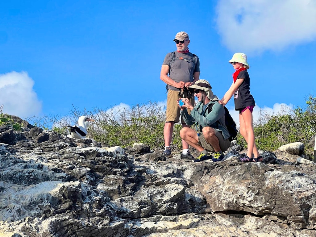 Family discovering Galapagos wildlife such as the frigatebird in Galapagos Islands