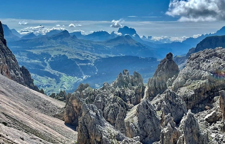 Beautiful nature scenery of craggy terrain and trail of Dolomiti Mountains in Italy, Europe