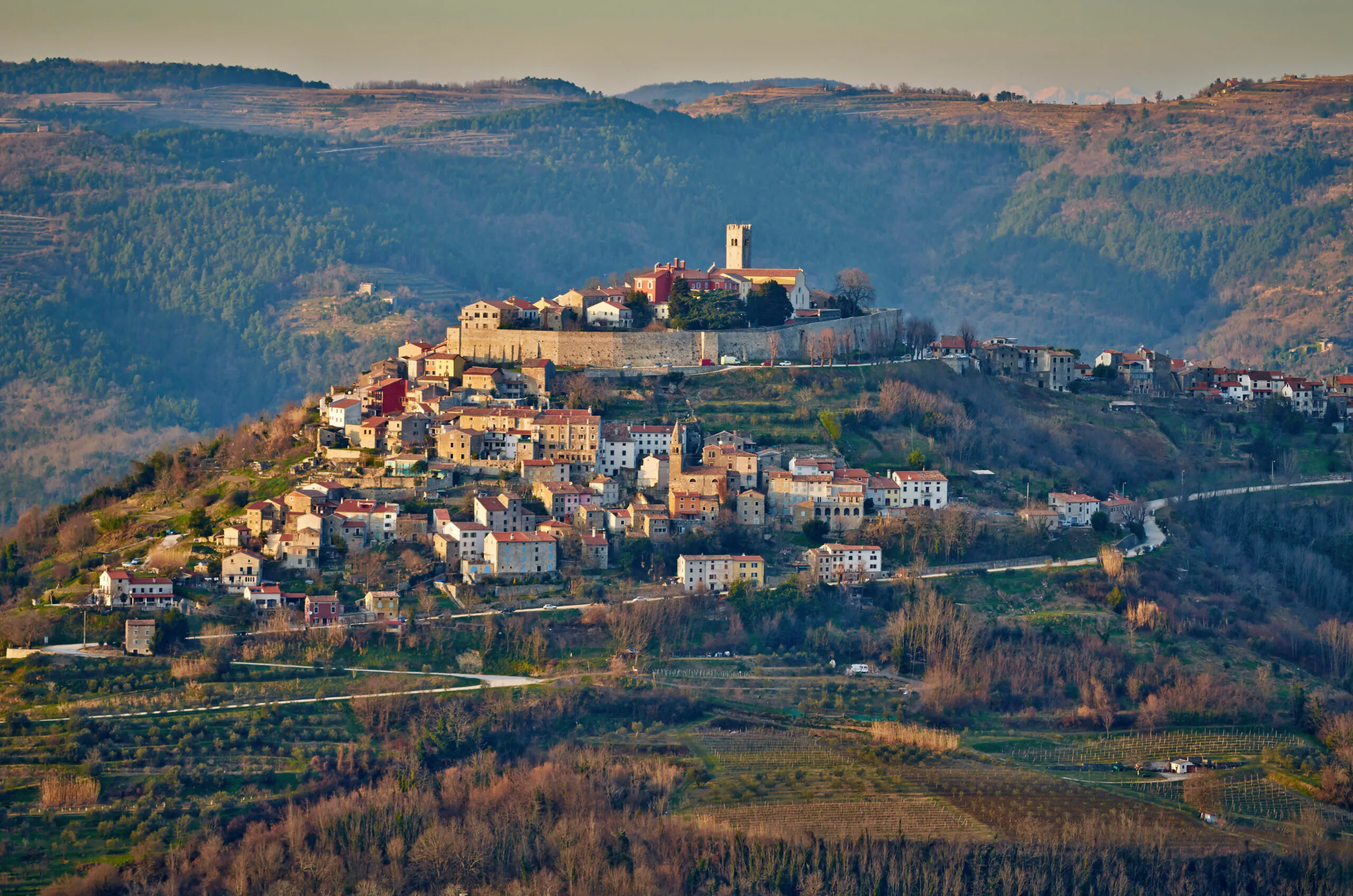 Aerial view of beautiful landscape of Istria, Croatia, which you get to see on MT Sobek's popular Multi-Country hiking adventure in Europe