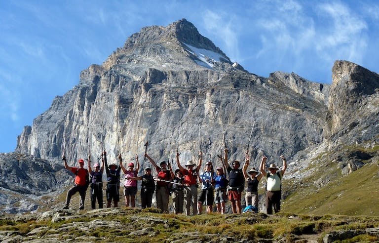 Group of guided hikers on trek through heart of Gran Paradiso with days in both Switzerland and Italy on a popular MT Sobek hiking adventure
