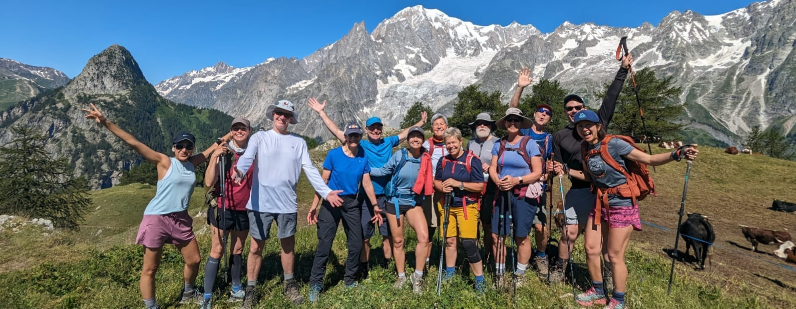 Group of hikers on the Tour du Mont Blanc in the Alps.