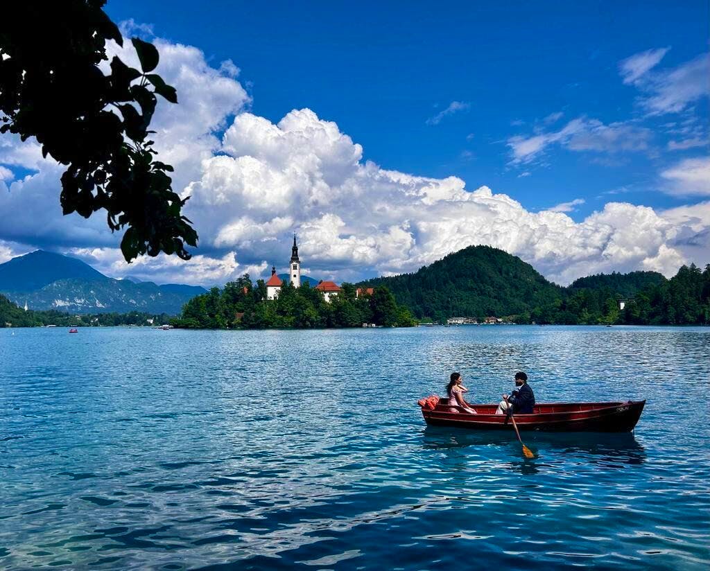 kayak with female and male couple on Lake Bled in Ljubljana, Slovenia, Europe