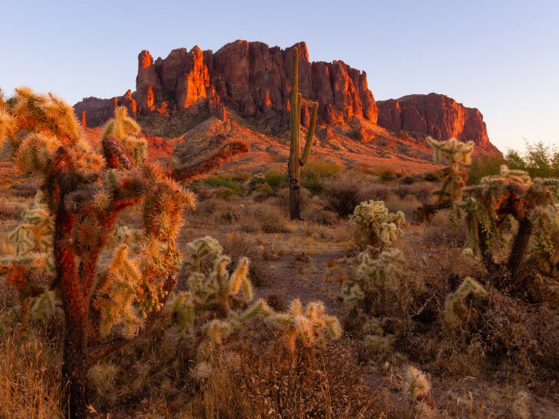 hiking in the winter in Siphon Draw Trail in Lost Dutchman State Park in Arizona, North America