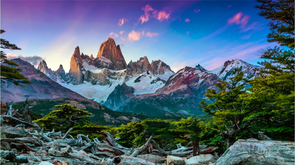 Fitz Roy mountain near El Chalten, in the Southern Patagonia, on the border between Argentina and Chile. Sunset view from track.