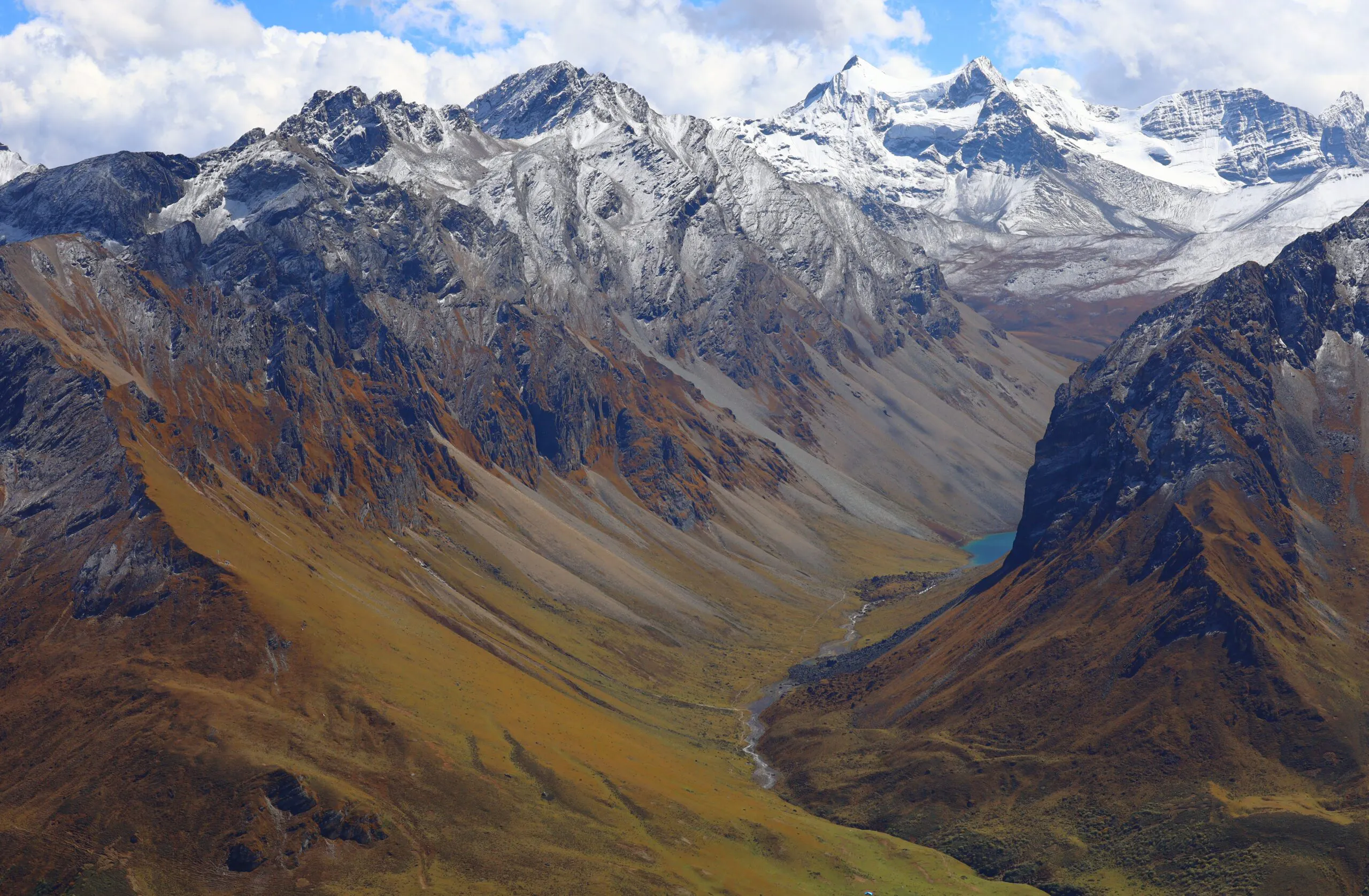 Scenic snow capped mountains and valleys in Chomolhari trek in Nepal