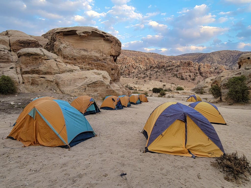 deluxe camping in Bedouin desert camps along ancient Passage to Petra hiking trail in Jordan, Middle East