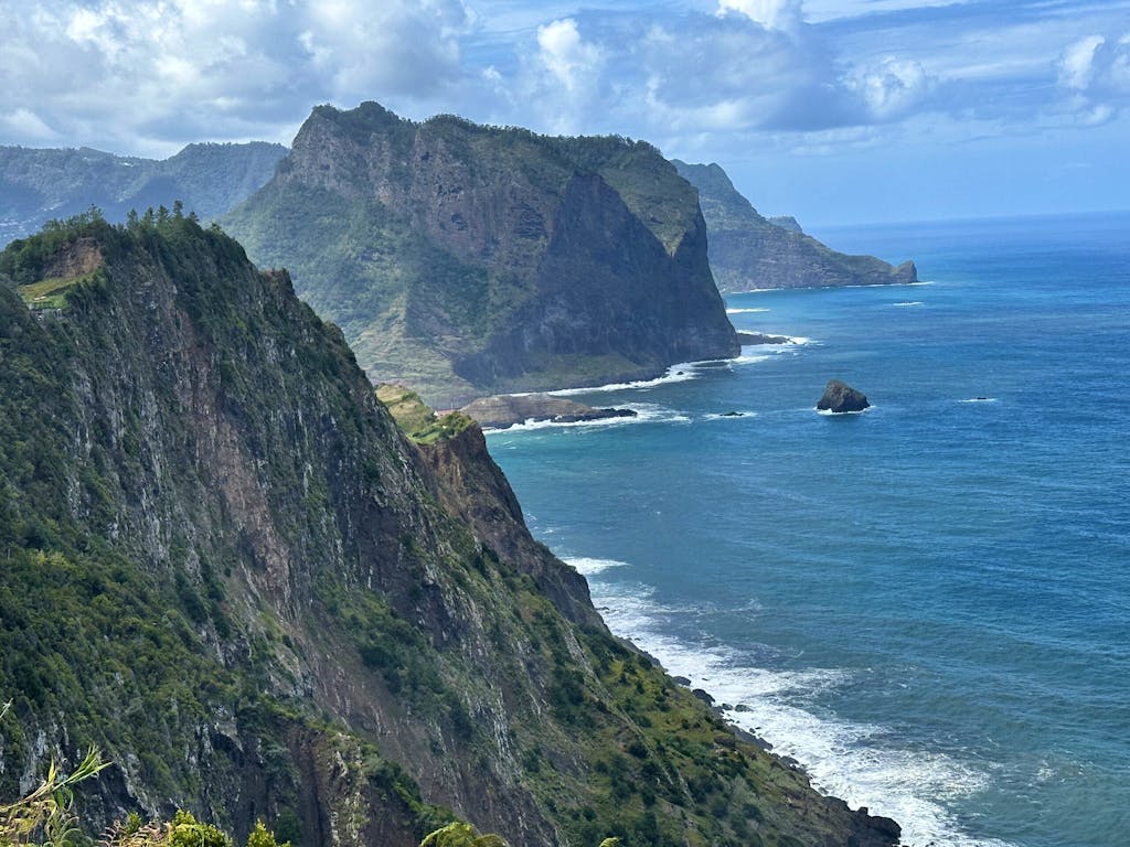 trail adventure near high terraced ridges near Atlantic Ocean in Island of Madeira in Portugal, Europe