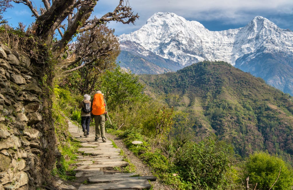 solo male hiker hiking trail in adventure in Annapurna range in Nepal
