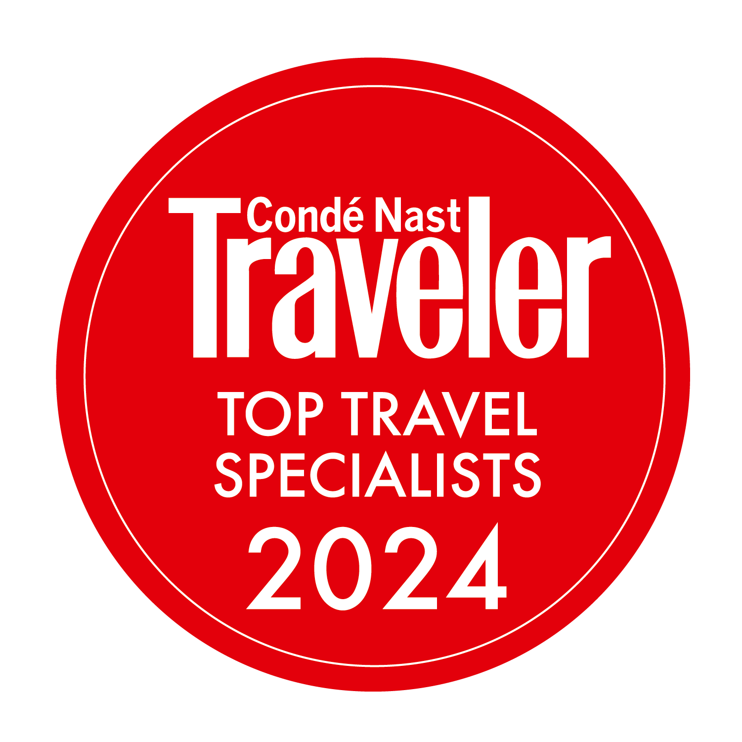 Red circular badge logo of Condé Nast Traveler for Top Travel Specialists Awards 2024, with white and red text on a green background.