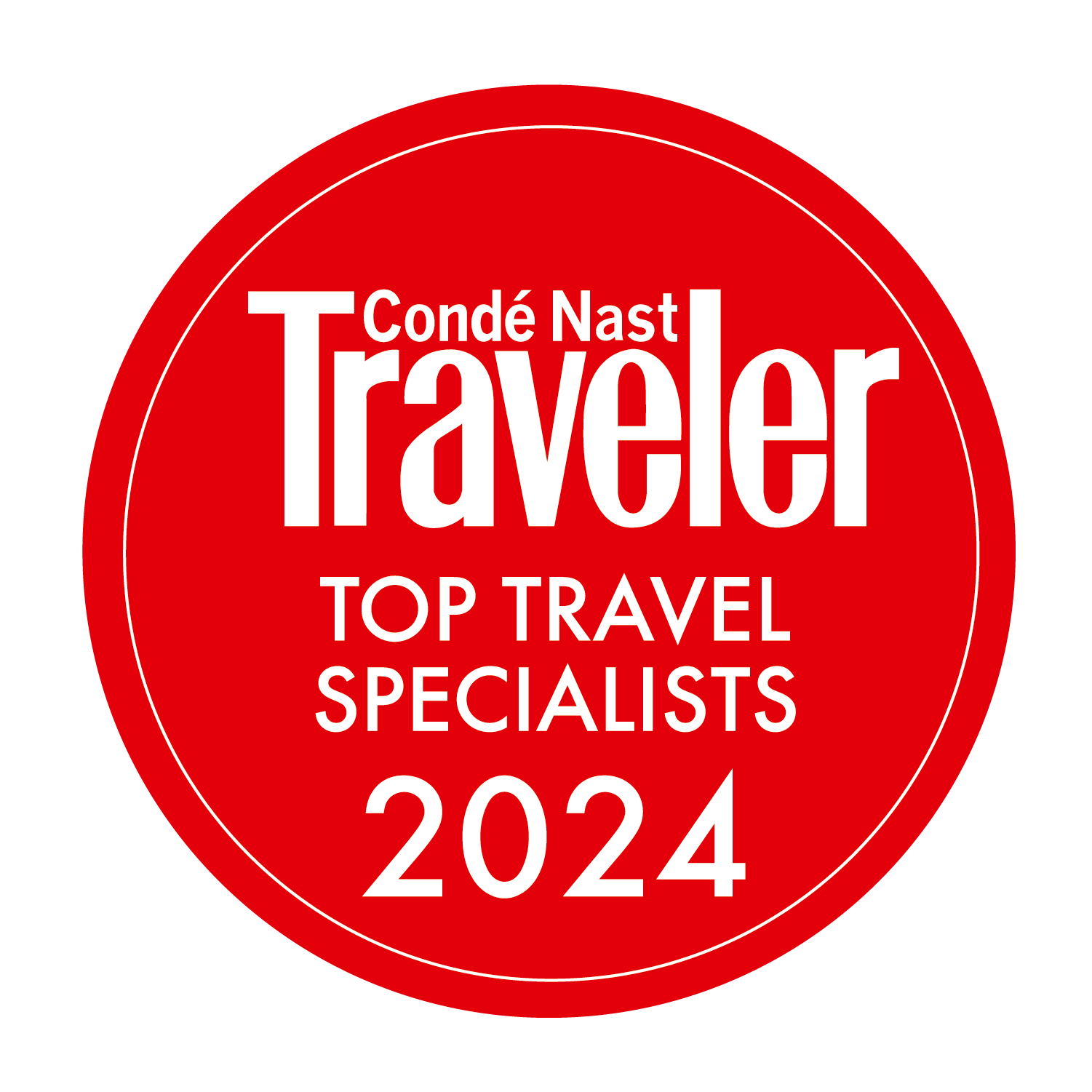 Red circular badge logo of Condé Nast Traveler for Top Travel Specialists Awards 2024, with white and red text on a green background.