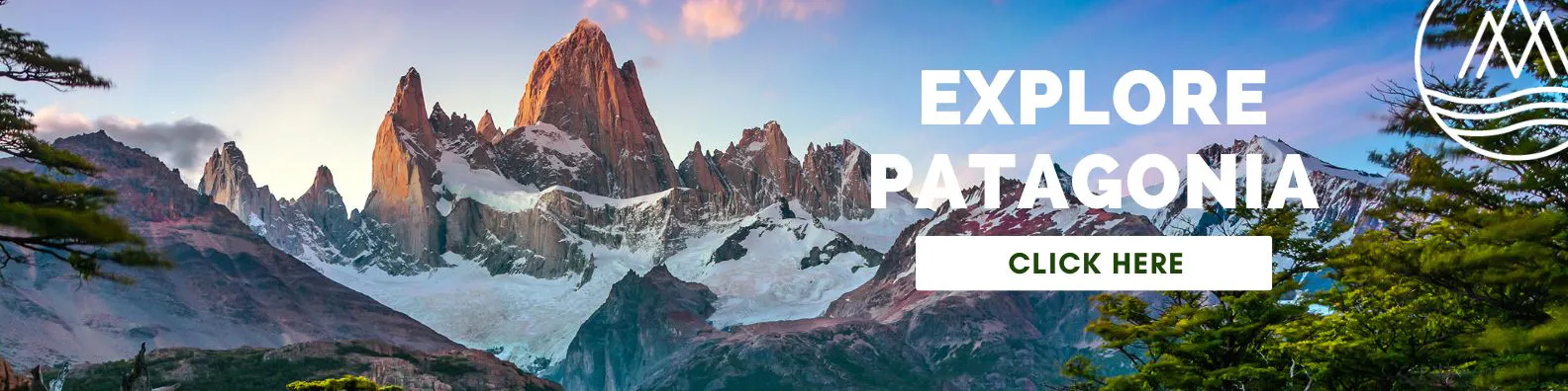 hiking trip in Patagonia; man with blue hiking jacket and beanie Sunlit mountain peaks with snow in Patagonia, trees in the foreground, and a banner reading "Explore Patagonia Hiking Trip, Click Here" on the right side.