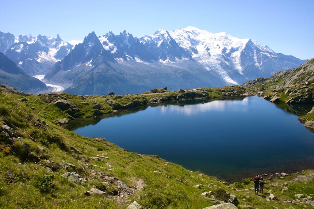 hiking scenic trails with group and guide in hiking circuit trail of Tour du Mont Blanc in the summer
