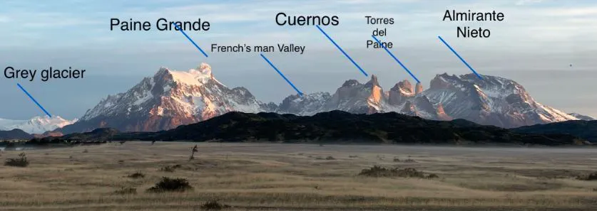backdrop of snowcapped mountains in the autumn in Patagonia with iconic sights like Grey glacier, Paine Grande, Cuernos, Torres del Paine, and Almirante Nieto