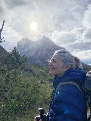 Diane gazing upward during a hike on a trail in Patagonia