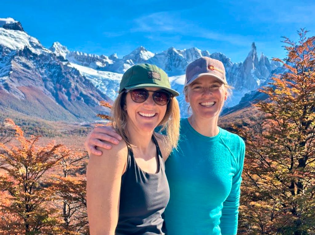 Diane with fellow traveler in autumn in hiking scenic trails in Patagonia