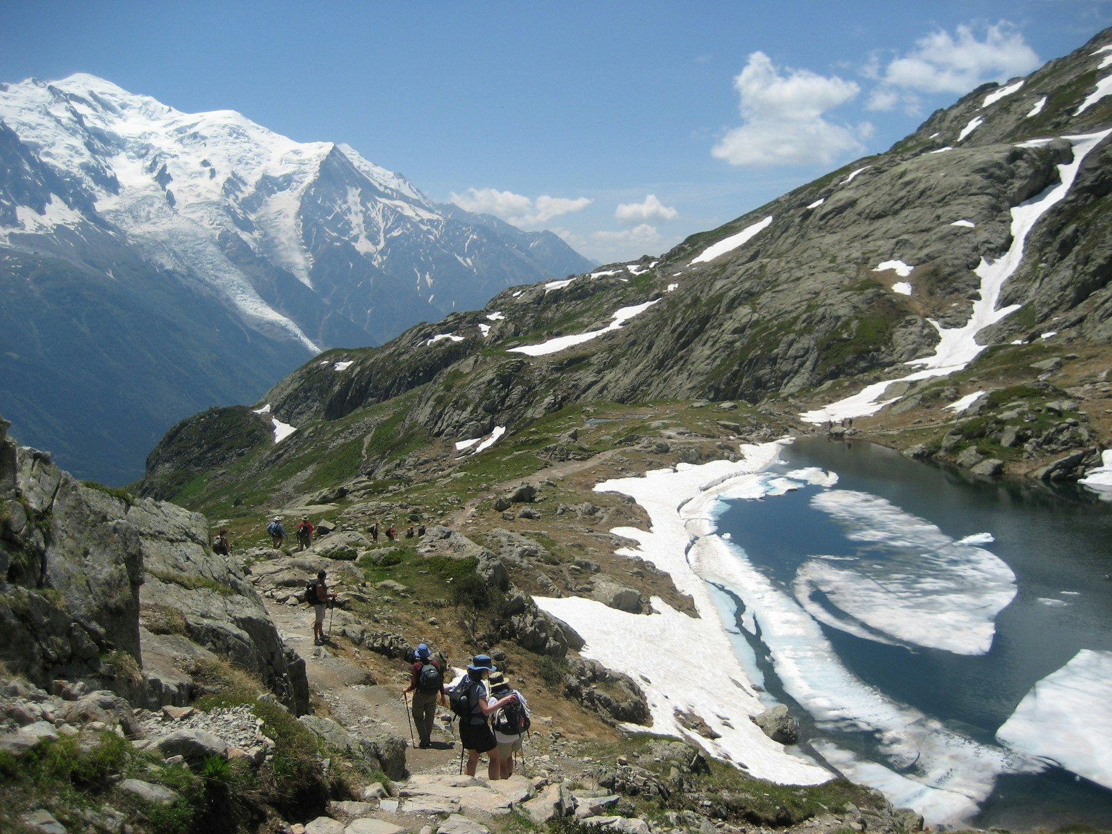 two travelers hiking trails near glaciers in Tour du Mont Blanc hiking circuit in the summer