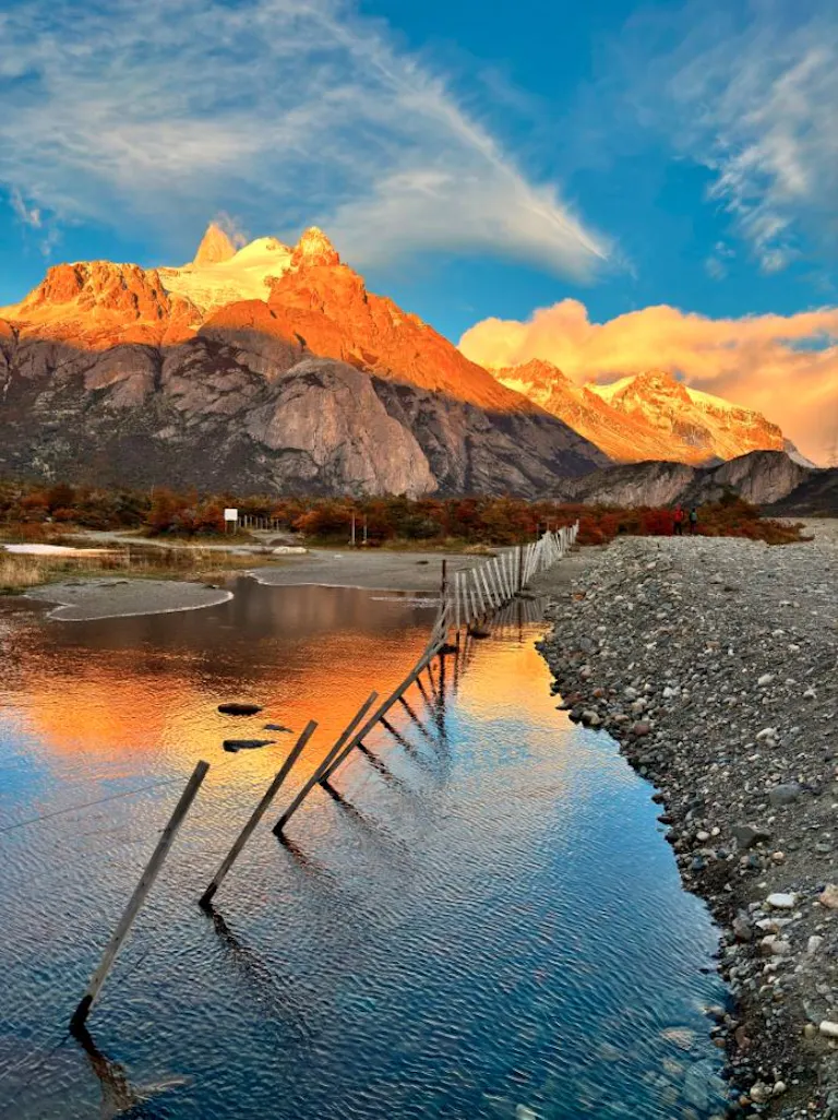beautiful scenery shot of El Chalten in rosy sun glow in hiking trip in Argentina