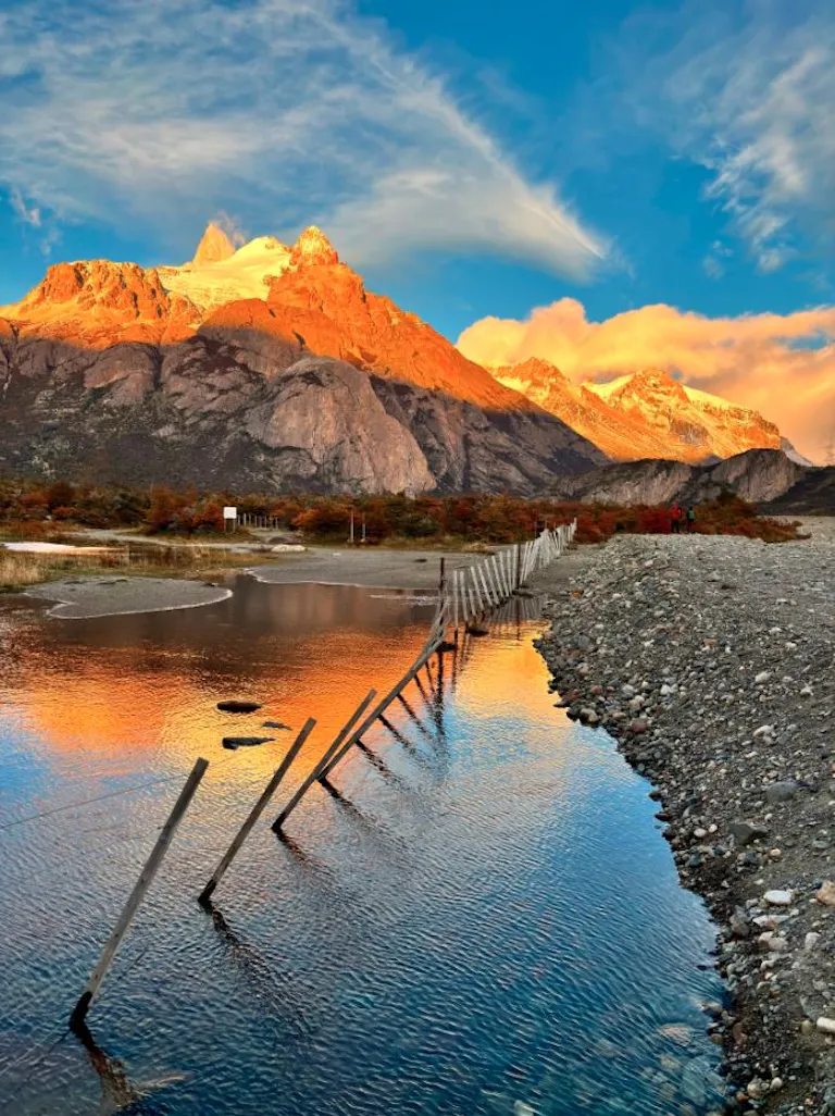 beautiful scenery shot of El Chalten in rosy sun glow in hiking trip in Argentina