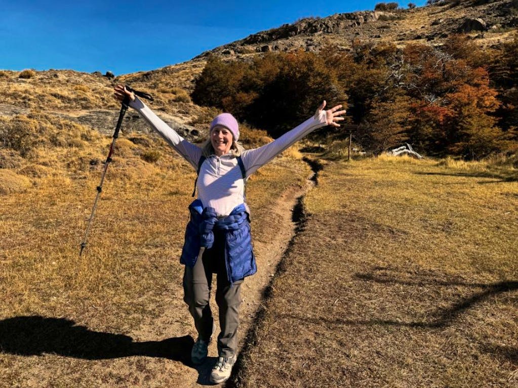Diane looking proud as she continues her hiking adventure into Argentina
